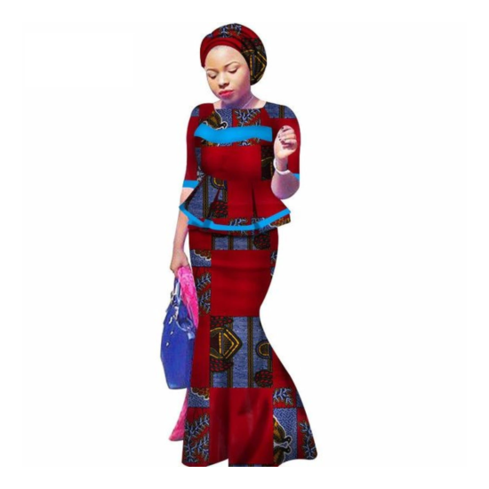 African Clothing 2Pc Top-Skirts Sets with Head Wrap For Women X11023 image {11}