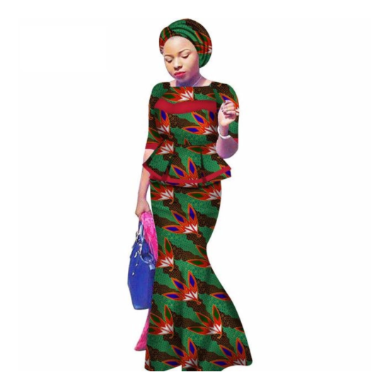 African Clothing 2Pc Top-Skirts Sets with Head Wrap For Women X11023 image {6}