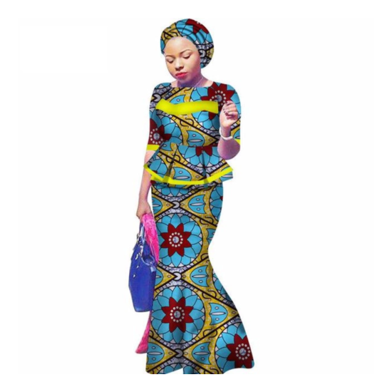 African Clothing 2Pc Top-Skirts Sets with Head Wrap For Women X11023 image {7}
