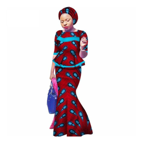 African Clothing 2Pc Top-Skirts Sets with Head Wrap For Women X11023 image {50}